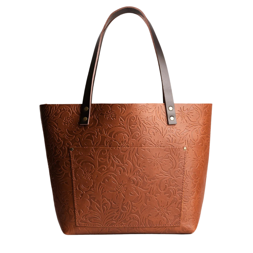 Floral Embossed Brown Tote Bag