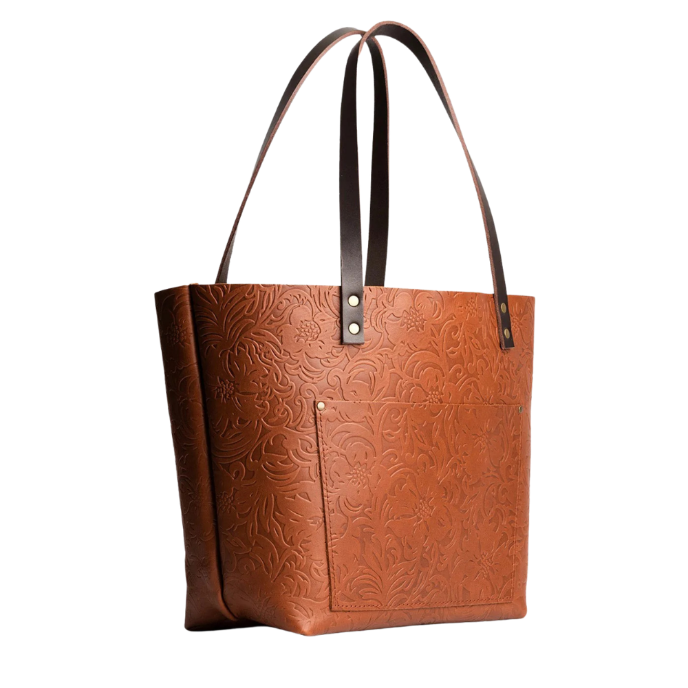 Floral Embossed Brown Tote Bag