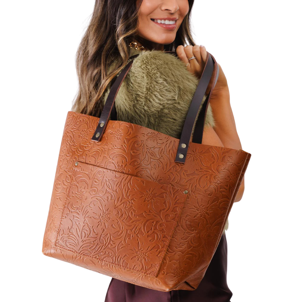 Floral Embossed Brown Tote Bag