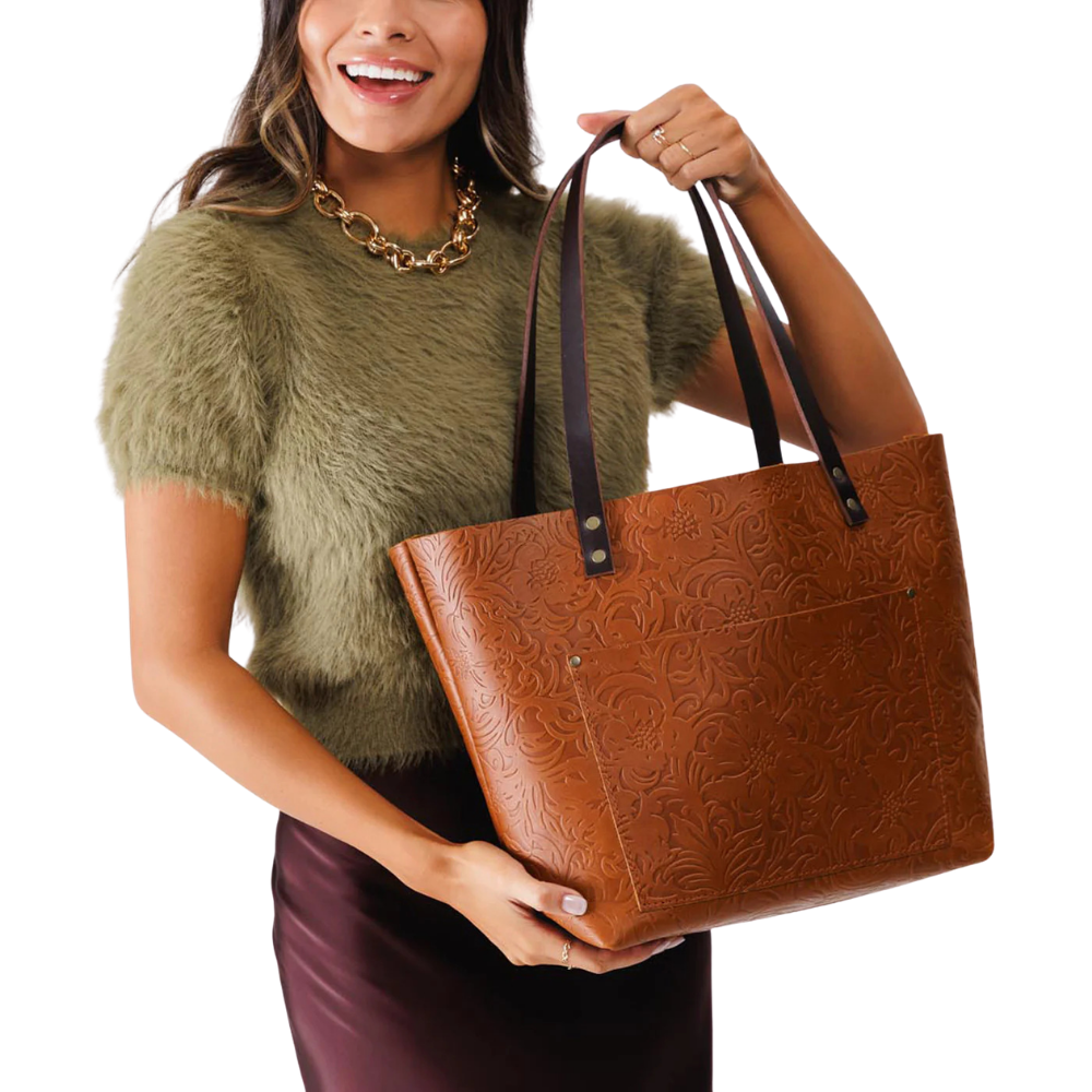 Floral Embossed Brown Tote Bag