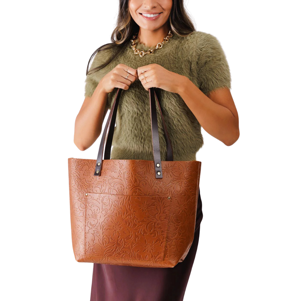 Floral Embossed Brown Tote Bag
